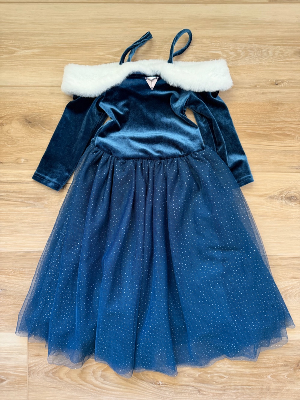 Girls' Navy Velvet Tulle Costume Dress with Faux-Fur Trim